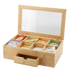 MegaChef 13 x 8 Inch Bamboo Tea Box Organizer with Acrylic Top Window