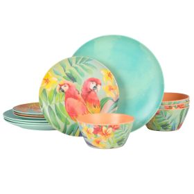 Laurie Gates Tropical Parrots 12 Piece Melamine Dinnerware Set – Assorted Designs