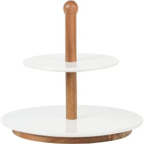 Gibson Home Gracious Dining 3 Piece 2 Tier Stoneware Server with Wooden Stand in White