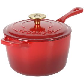 Crock-Pot Artisan 3 Quart Enameled Cast Iron Saucepan with Long Handle and Lid in Red and Gold