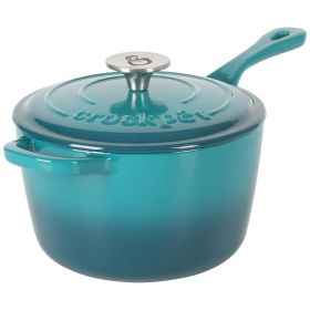 Crock-Pot Artisan 3 Quart Enameled Cast Iron Saucepan with Long Handle and Lid in Teal and Silver