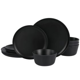 Gibson Home Fairhope 12-Piece Round Melamine Dinnerware Set – Matte Black