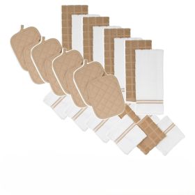 Elegant 4-Piece 100% Cotton Kitchen Linen Set – Coordinated Towels, Mitt, Cloth, and Pot Holder in Brown and White