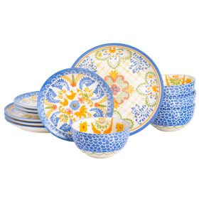 Laurie Gates Tierra Tile 12-Piece Dinnerware Set – Assorted Round Stoneware Designs for a Touch of Elegance