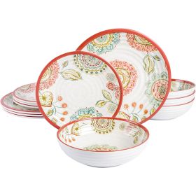 Laurie Gates 12-Piece Red Melamine Dinnerware Set – Brick Floral Ripple Design