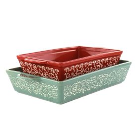 Laurie Gates Tierra 2-Piece Stoneware Baker Set – Elegant Wax Relief in Red and Mint for Every Occasion