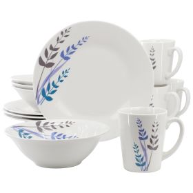 Gibson Home Blue Leaves 12 Piece Round Fine Ceramic Decorated Dinnerware Set in White