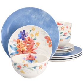 Spice by Tia Mowry Goji Blossom 12 Piece Fine Ceramic Dinnerware Set in Blue Floral