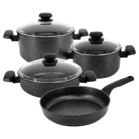 Korkmaz Ornella 7 Piece Aluminum Nonstick Saucepot and Fry Pan Cookware Set With Glass Lids – Black Speckled Finish