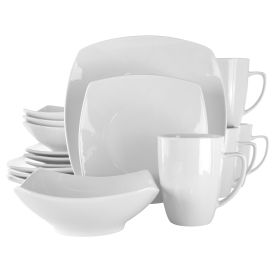 Elama Hayes 16-Piece White Porcelain Dinnerware Set – Square Plates for Stylish Dining