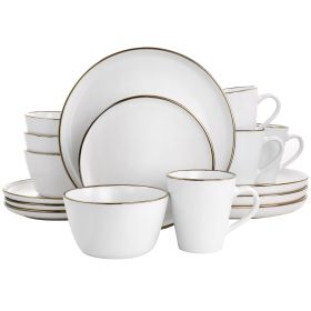 Elama Arthur Matte White & Gold Luxe 16-Piece Stoneware Dinnerware Set – Timeless Elegance for Every Table