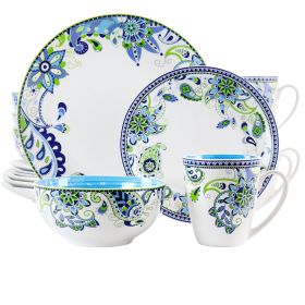 Elama Blue Fiesta 16-Piece Set – Porcelain Dinnerware with a Beautiful Blue Fiesta Design