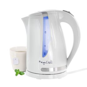 MegaChef 1.7L White Plastic Electric Tea Kettle – Quick Boil for Tea, Coffee, and More