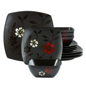 Hometrends Evening Blossom 12 Piece Square Stoneware Dinnerware Set in Black