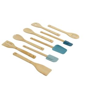 9-Piece Bamboo & Silicone Kitchen Utensil Set – Heat-Resistant, Non-Stick Safe, Blue Accents