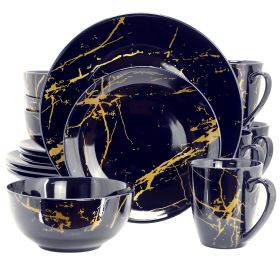 Elama Fine Marble 16 Piece Porcelain Dinnerware Set in Dark Blue with Gold Veining