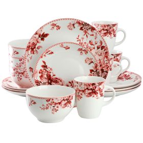Elama Traditional Red Rose 16 Piece Stoneware Dinnerware Set