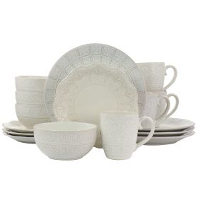 Elama White Lace 16-Piece Scalloped Stoneware Dinnerware Set – Classic Elegance with Embossed Lace Detail