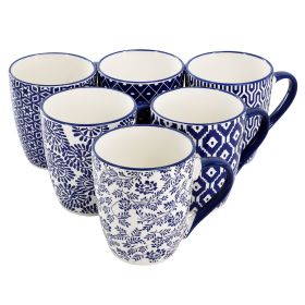 Elama Declan 6 Piece 12 Ounce Assorted Design Stoneware Mug Set in Blue and White