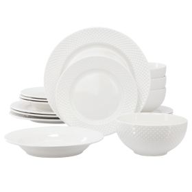 Elama Kim 16 Piece Hobnail Double Bowl Porcelain Dinnerware Set in White