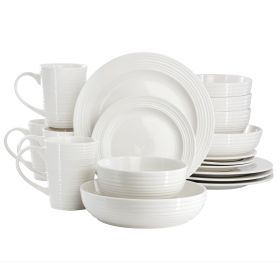 Elama Nikki 18 Piece Ribbed White Porcelain Dinnerware and Serving Bowl Set