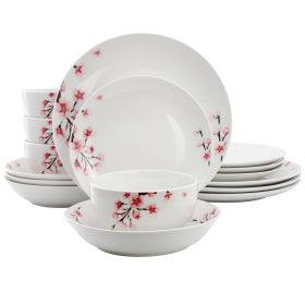 Elama Tamara 16 Piece Cherry Blossom Porcelain Double Bowl Dinnerware Set, Service for 4 in White and Pink