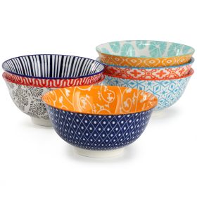 Elama Roxey 6 Piece Assorted Design 20oz Porcelain Footed Bowl Set in Multicolor