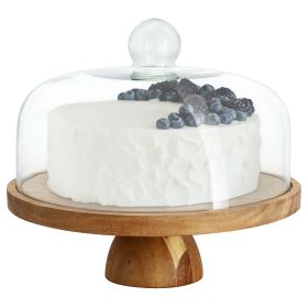 MegaChef Acacia Wood Multi-Function Cake Stand with Glass Dome Lid