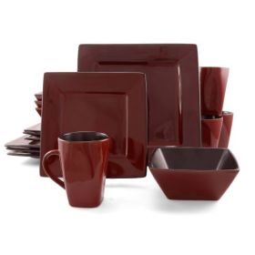 Gibson Elite Kiesling 16 Piece Hard Square Dinnerware Set in Red (Color: Dark Red)