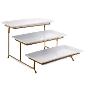 Gibson Elite Gracious Metal Dining 3 Tiered Rectangle Porcelain Plate Set with Metal Stand (Style: 3-Tiered Plate Set Gold)