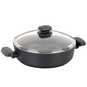 Korkmaz Ornella Aluminum Nonstick Low Sauté Pot With Glass Lid – Black Speckled Finish (Sizes: 3.5L 10")