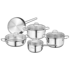 Korkmaz Stainless Steel Cookware Set – Saucepots, Saucepan, Sauté Pot, and Frying Pan with Lids and Classic Shine (Sizes: 9-Piece Perla Glass Lid)