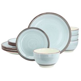 Gibson Home Holcomb 12 Piece Ceramic Dinnerware Set in Beige (Color: Light Blue)