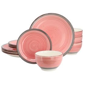 Gibson Home Holcomb 12 Piece Ceramic Dinnerware Set in Beige (Color: Pink)
