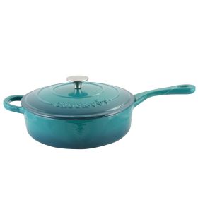 Crock-Pot Artisan 2 Piece 3.5-Quart Enameled Cast Iron Deep Saute Pan Collection – Scarlet Red or Teal Ombre (Style & Color: 2 Piece 3.5 Quart Teal Ombre)
