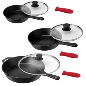 MegaChef Pre-Seasoned Cast Iron Skillet Set with Lids and Red Silicone Holder (Sizes: 9-Piece Set)