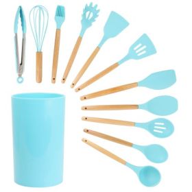 MegaChef Mint Green Silicone and Wood Cooking Utensils, Set of 12 (Colors: Light Teal)