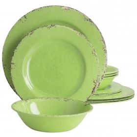 Studio California Melamine Mauna 12-Piece Dinnerware Set-Crackle Look Design (Color: Lime Crackle)