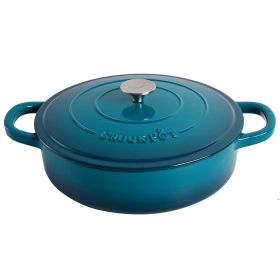 Crock-Pot Artisan 2 Piece 5-Quart Enameled Cast Iron Braiser Pan Collection – Sage Green Ombre, Slate Grey, or Teal Ombre (Style & Color: 2 Piece 5 Quart Teal Ombre)