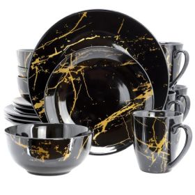 Elama Fine Marble 16 Piece Stoneware Dinnerware Set Collections (Style & Color: Elama Fine Marble-Black w/ Gold Veining)