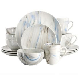 Elama Fine Marble 16 Piece Stoneware Dinnerware Set Collections (Style & Color: Elama Fine Marble-Blue & Gray)