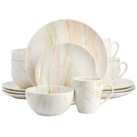 Elama Fine Marble 16 Piece Stoneware Dinnerware Set Collections (Style & Color: Elama Fine Marble-Orange & Green)