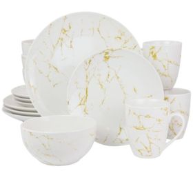 Elama Fine Marble 16 Piece Stoneware Dinnerware Set Collections (Style & Color: Elama Fine Marble-Gold & White)