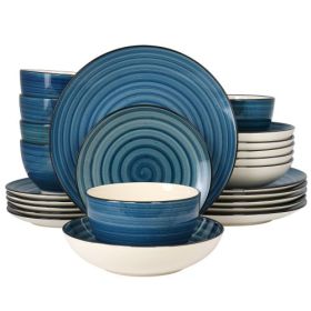 Gia 24 Piece Stoneware Dinnerware Set – Hand Painted Swirl Design Collection (Style & Color: Elama Gia-Dark Blue/White)