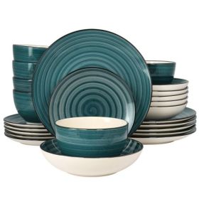 Gia 24 Piece Stoneware Dinnerware Set – Hand Painted Swirl Design Collection (Style & Color: Elama Gia-Dark Green/White)