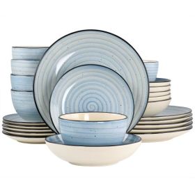 Gia 24 Piece Stoneware Dinnerware Set – Hand Painted Swirl Design Collection (Style & Color: Elama Gia-Light Blue/White)