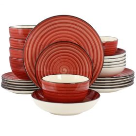 Gia 24 Piece Stoneware Dinnerware Set – Hand Painted Swirl Design Collection (Style & Color: Elama Gia-Red/White)