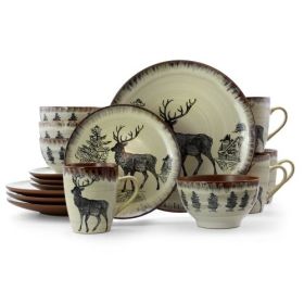 Elama Majestic Collection “Woodland Grandeur” Dinnerware Sets – Sculptural Stoneware in Forest-Inspired Tones (Collections: Majestic Elk 16 Piece)