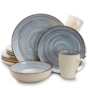 Elama Mellow “Zen Table” 16-Piece Dinnerware Set – Sculptural Stoneware (Color: Mellow Blue)