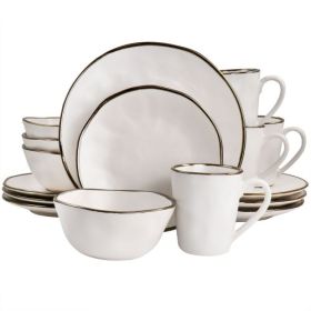 Elama Christian & George 16-Pcs. Stoneware Dinnerware Collection – Matte Finish with Gold Rim (Items: Elama Christian– Matte Finish with Gold Rim)